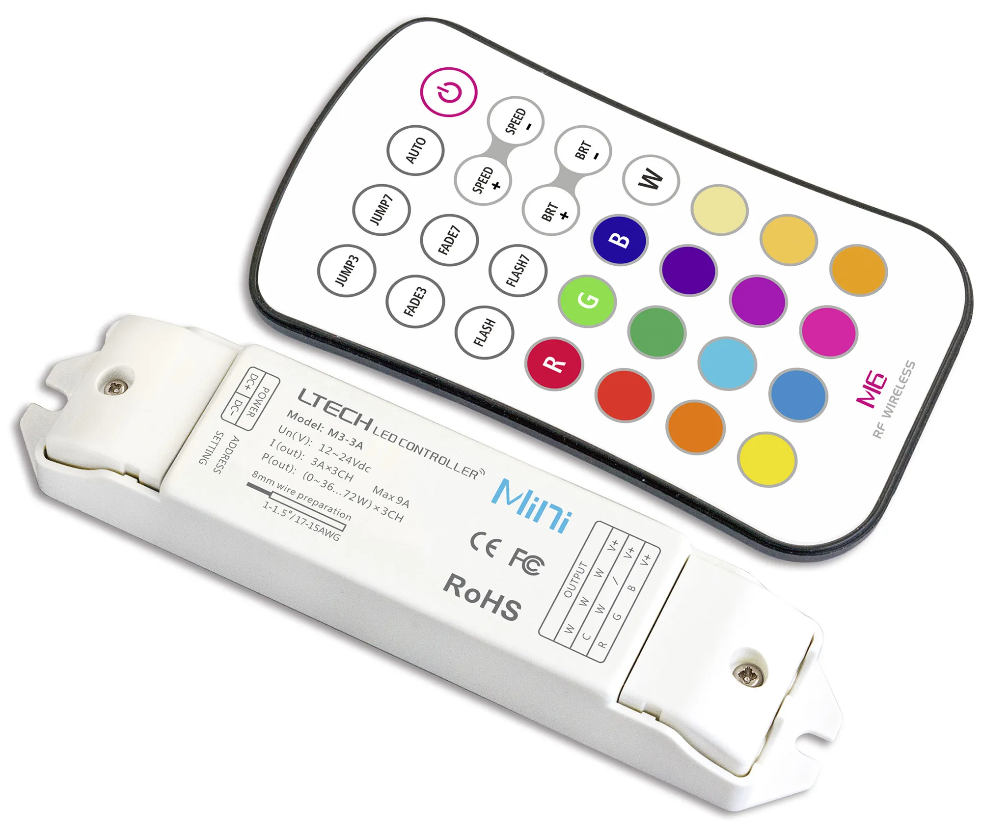 M6+M3-3A  Remote Control+Receiver CV RGB Controller, 12/24 V DC, 108/216W, 9A (3A x 3CH), 40m remote range, IP20.